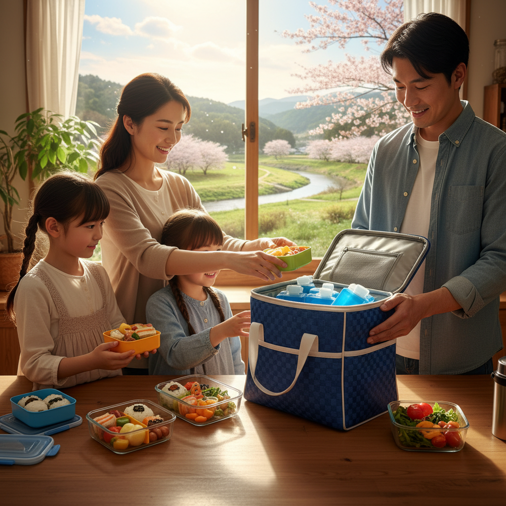 봄 피크닉을 위해 보냉백에 얼음팩을 깔고 도시락 용기들을 정렬하여 담는 모습, 신선한 야채와 밥이 담긴 용기들이 보임