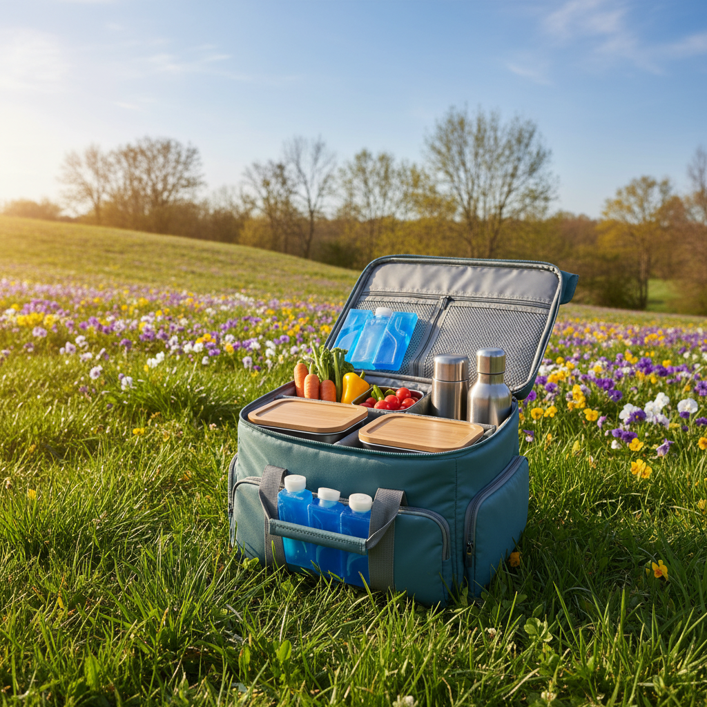 음식이 담긴 도시락 용기들이 쿨러백에 정렬되어 있는 모습