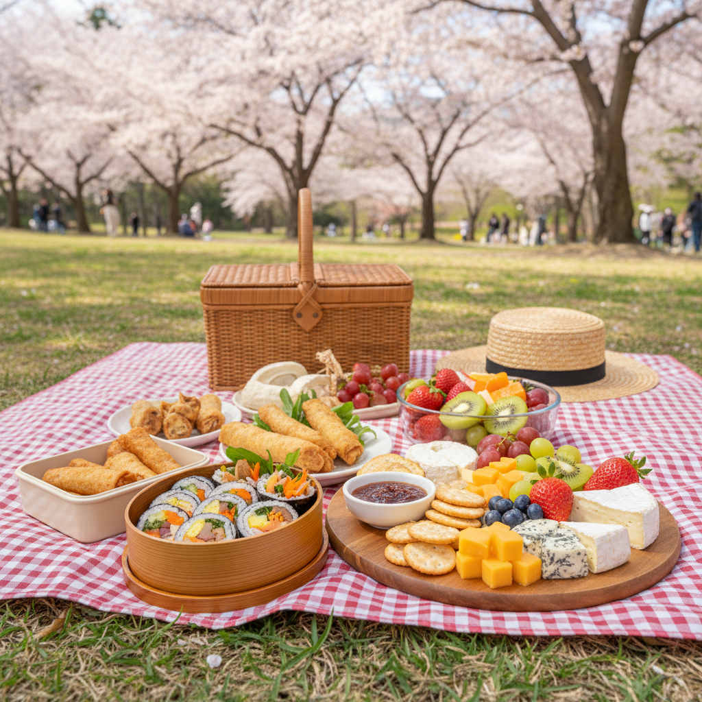 봄 피크닉 도시락을 쿨러백에 담고 아이스팩으로 냉각하는 모습