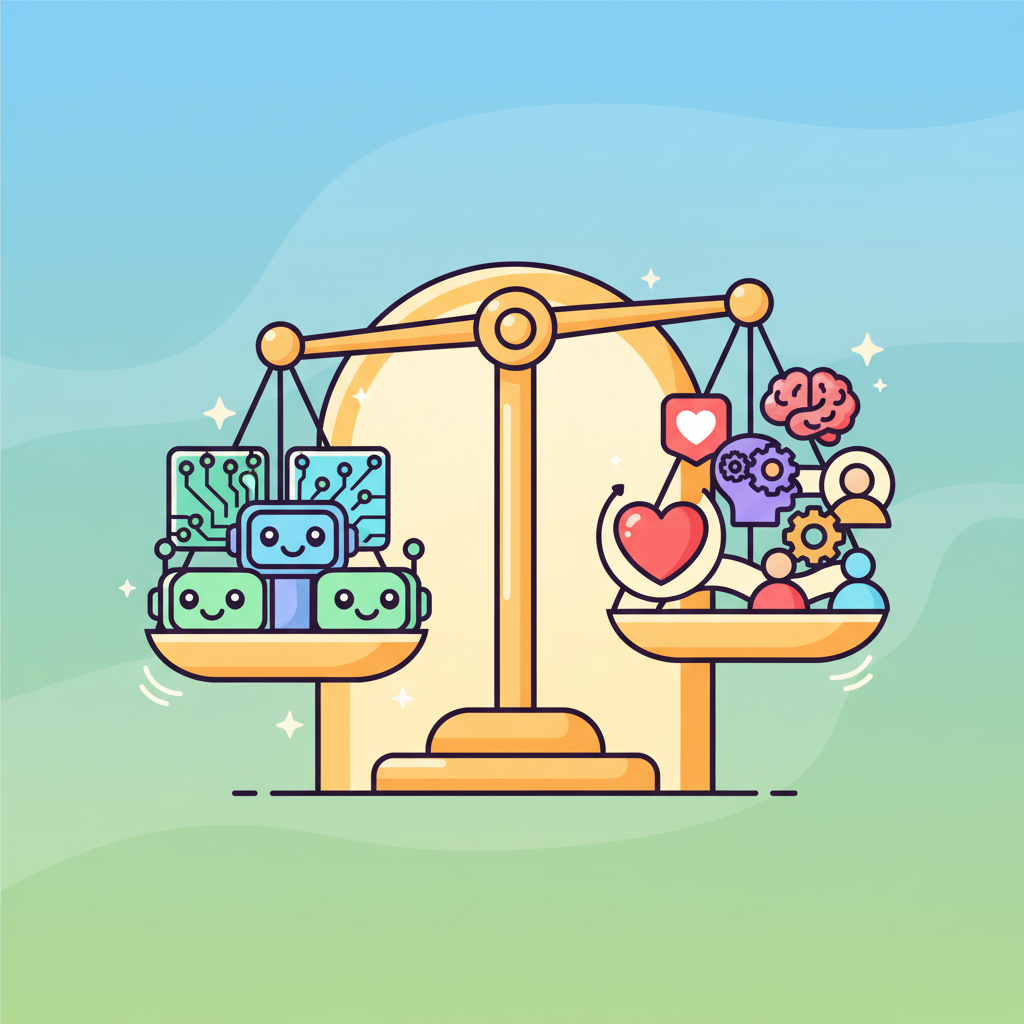 AI 기술과 인간의 협력을 나타내는 추상 이미지, 균형잡힌 스케일 위의 AI 심볼과 감정, 창의력을 나타내는 아이콘