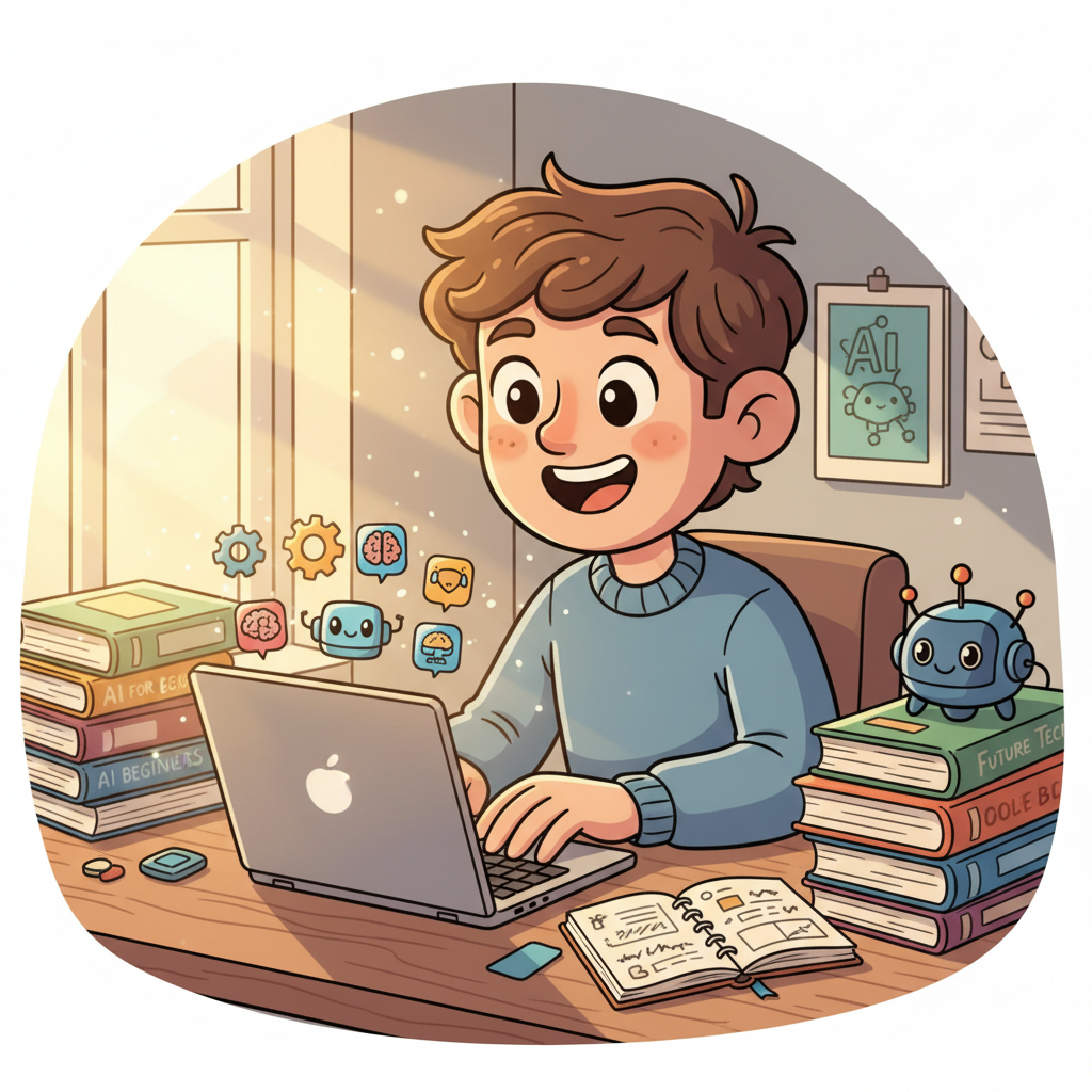 자신감 있게 노트북으로 AI 도구를 배우는 전문가의 모습, 따뜻한 채광