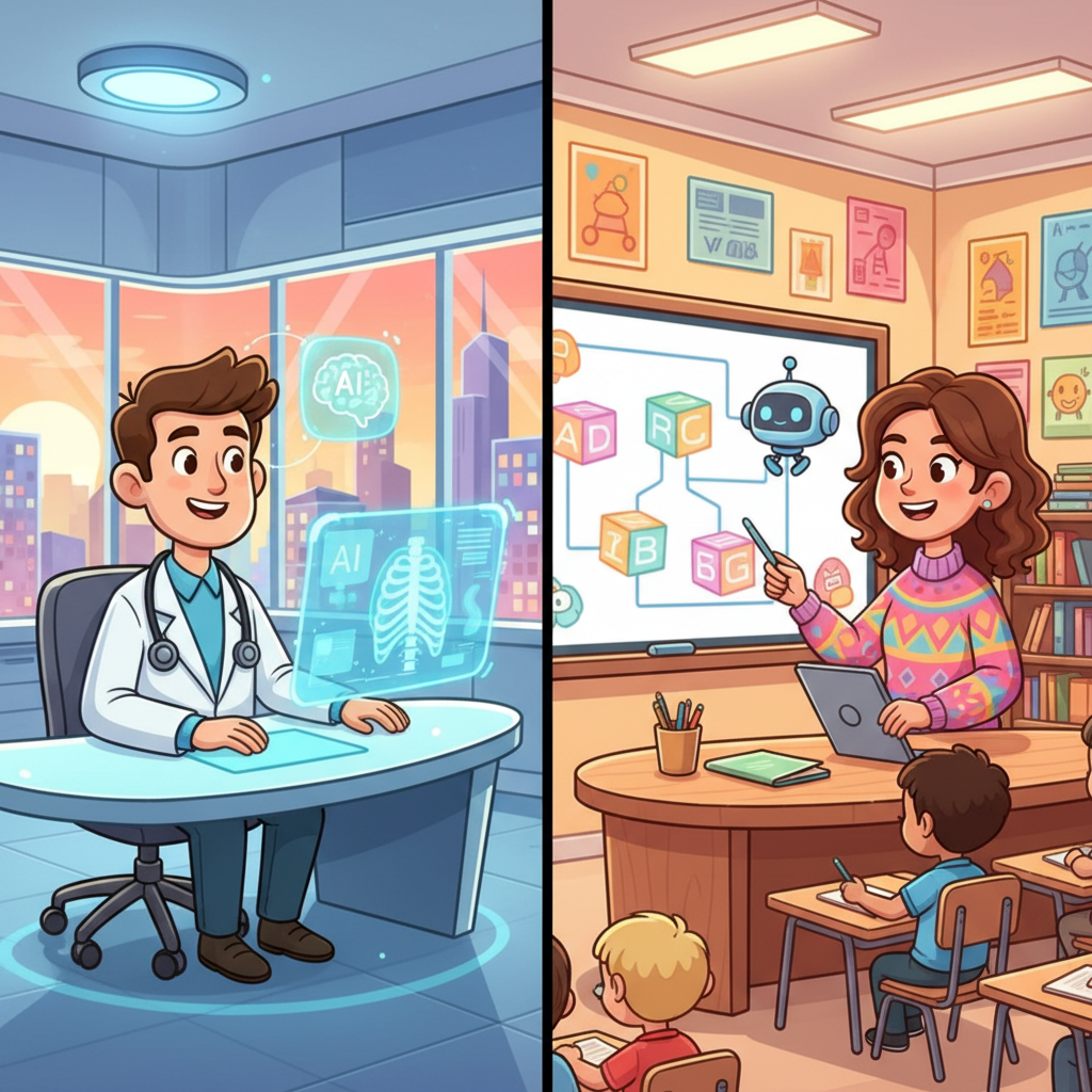 의료 AI 진단과 교육 개인화 학습을 나타내는 분할 화면 이미지