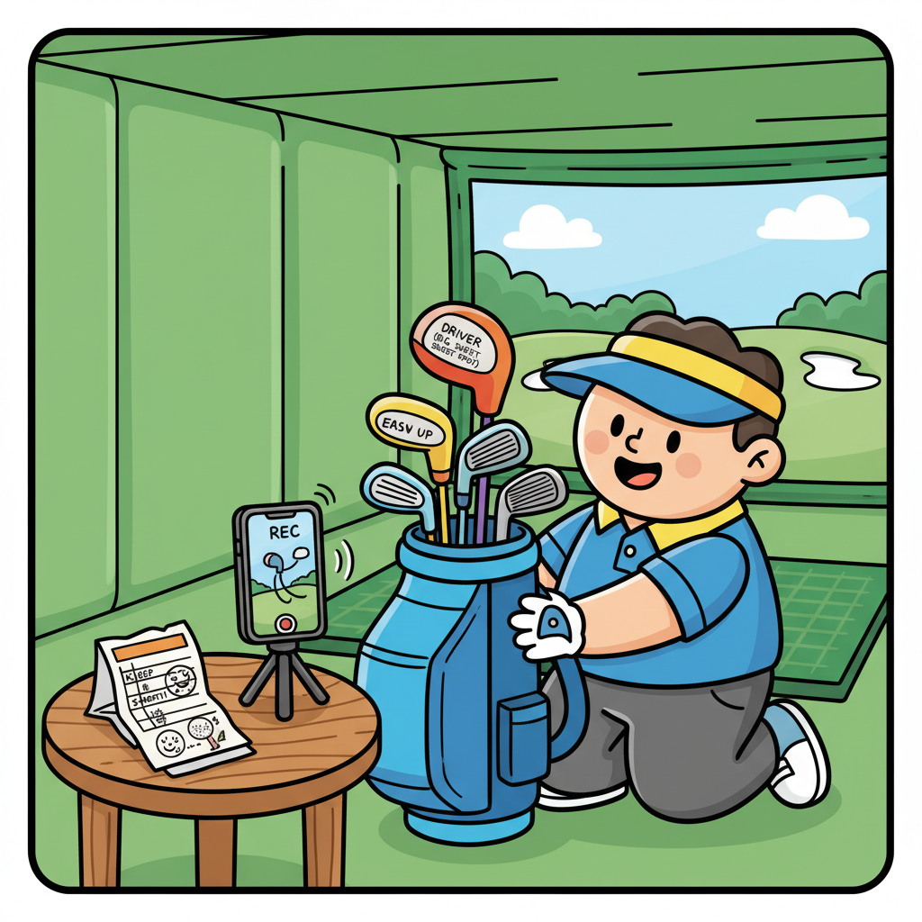 초보자가 저가형 골프백과 클럽을 갖춘 모습, 스마트폰으로 스윙 영상을 촬영하고 있으며 연습장에서 작은 테이블 위에 스코어카드가 놓여있음