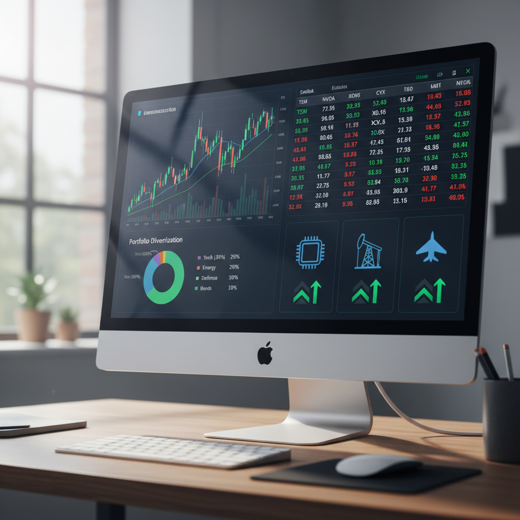 컴퓨터 화면에 표시된 재정 투자 대시보드로 주식 차트, 포트폴리오 다각화 파이 차트, 실시간 시장 데이터, 상승 추세선이 초록색으로 표시되어 있음