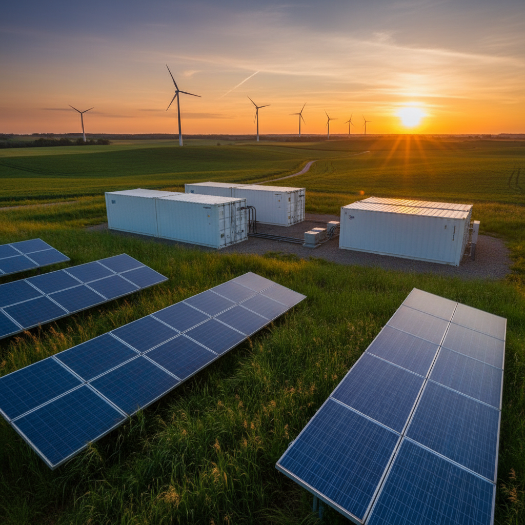 태양광 패널, 풍력 터빈, 배터리 에너지저장장치가 함께 배치된 신재생에너지 시설과 초록색 들판이 보이는 지속 가능한 에너지 인프라