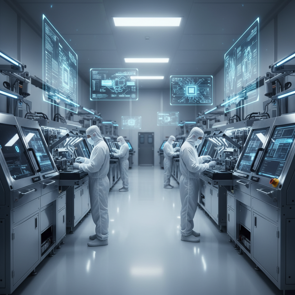 반도체 제조 시설의 클린룸 환경에서 마이크로칩 생산 장비와 보호복을 입은 엔지니어들이 미세 부품을 다루고 있는 모습