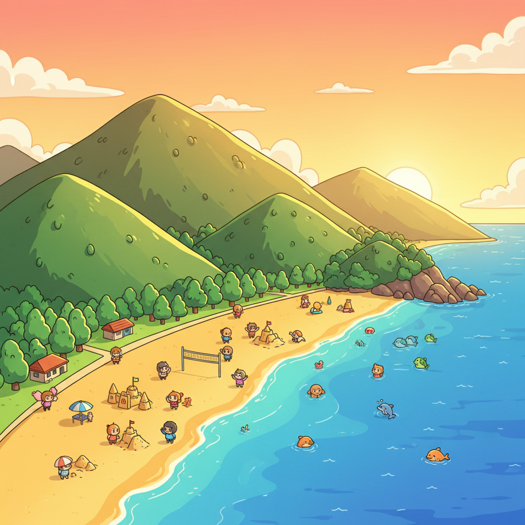 강릉 해안 풍경으로 파란 동해 바다, 백사장 해변, 초록색 산이 어우러진 황금빛 일몰 시간대의 모습