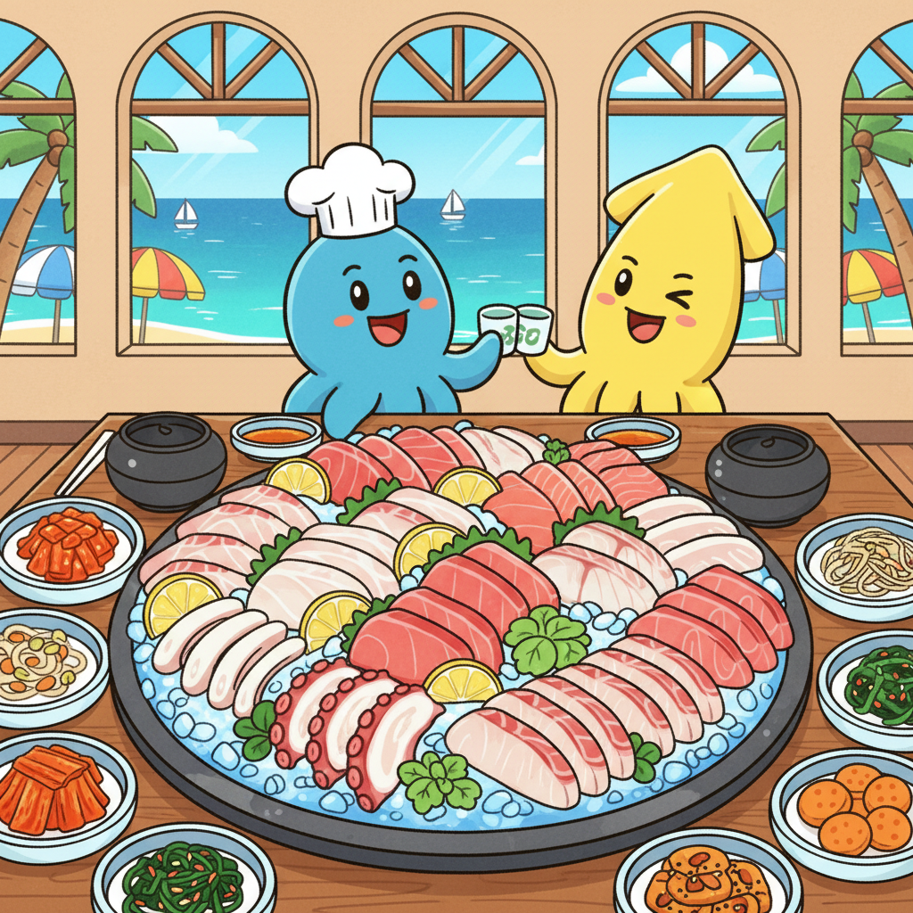 신선한 해산물 플래터로 슬라이스한 문어, 오징어, 다양한 생선이 얼음 위에 담겨 있고 레몬 슬라이스와 한식 반찬이 곁들여진 모습