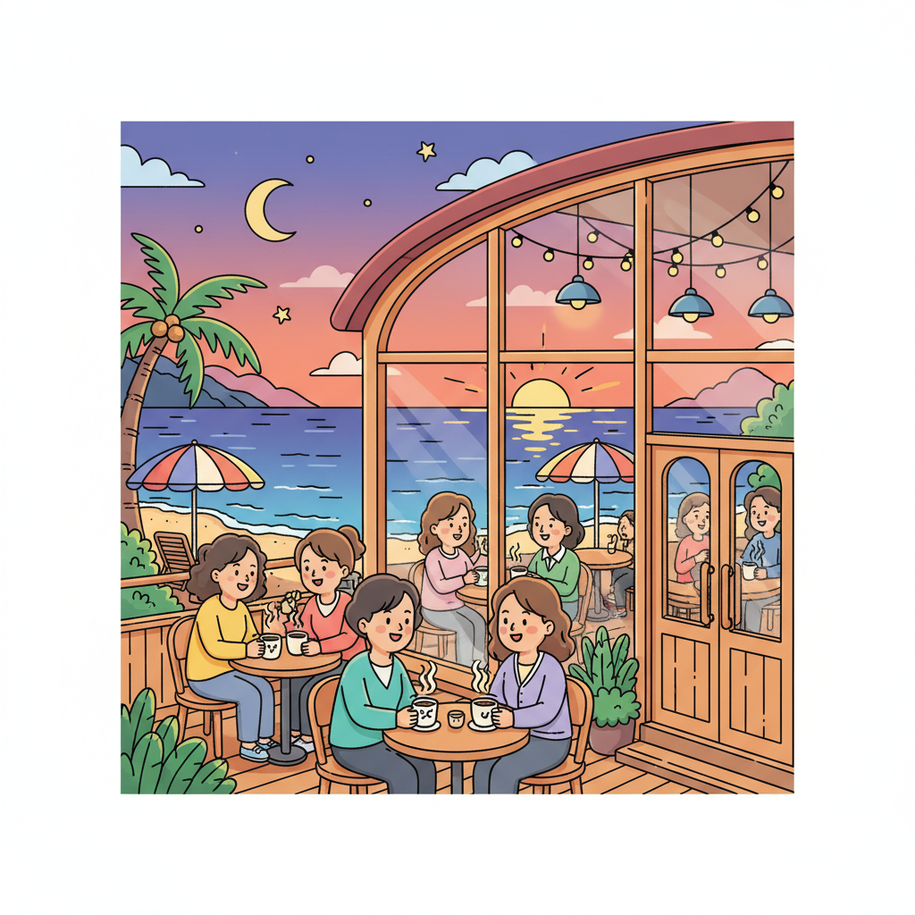 강릉 해변가의 아늑한 카페 내부, 따뜻한 조명이 들어온 실내에서 고객들이 커피를 마시며 넓은 창문으로 황혼의 동해 바다를 바라보는 모습