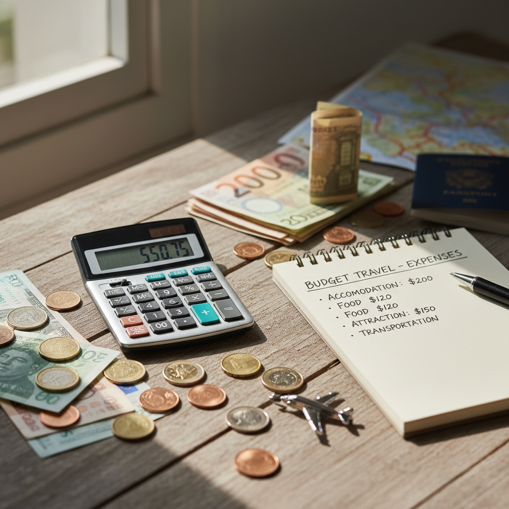여행 예산 계산을 위한 계산기, 동전, 지폐, 숙박비·식사비·교통비가 적힌 노트