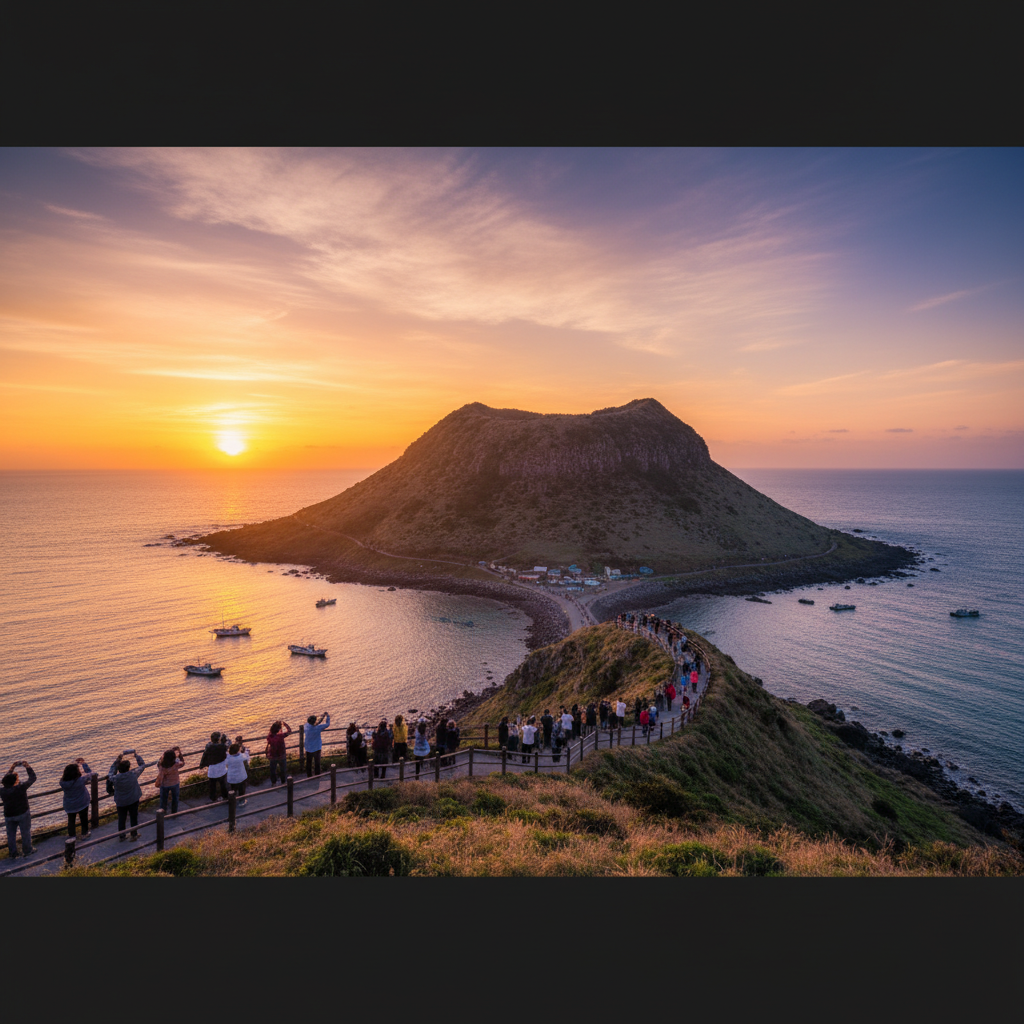 제주도 성산일출봉에서 바라본 일출 풍경, 황금빛으로 물드는 하늘과 화산 봉우리