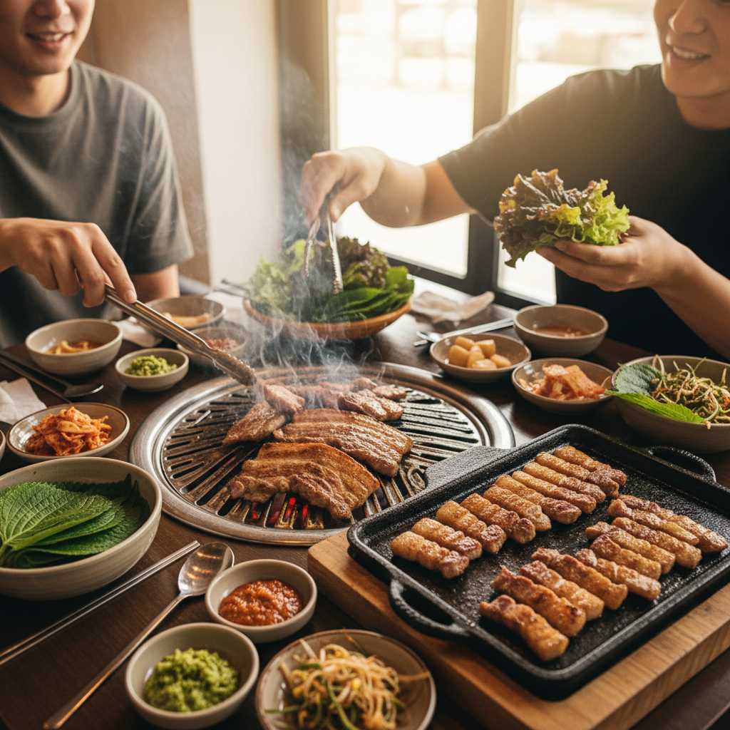 제주 흑돼지 삼겹살과 오겹살이 담긴 그릴, 쌈 채소와 쌈장이 곁들여진 한끼 식사