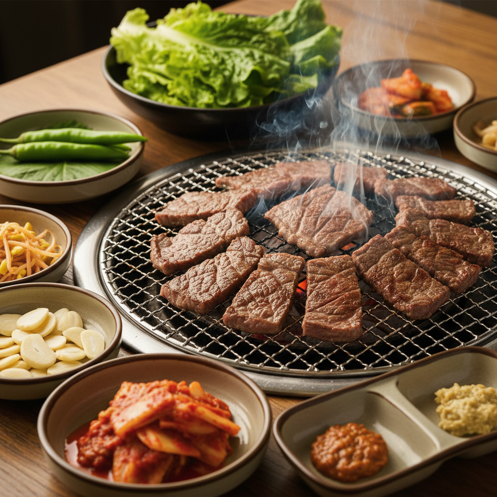 숯불 그릴 위에서 방금 구워진 프리미엄 소고기 슬라이스가 살짝 연기를 내며, 주변에 김치, 쌈장, 마늘, 생야채 같은 반찬이 전통 한식 다이닝 테이블에 정렬되어 있는 모습