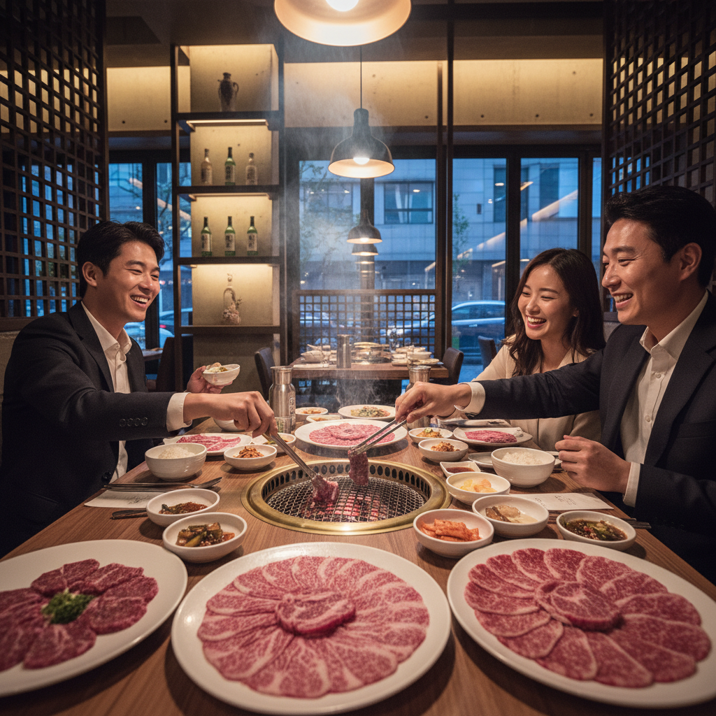 한우 전문점 소성의 프리미엄 한우 세트로, 하얀 자기 접시에 담긴 신선한 소고기와 숯불 그릴, 따뜻한 조명 속 모던한 식당 분위기