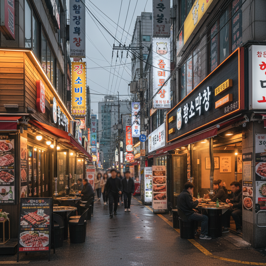 부산 서면역 인근 번화가의 야경으로, 여러 한우 전문점의 네온사인이 보이고 저녁 시간대 활발한 인파가 거리를 채우고 있는 모습