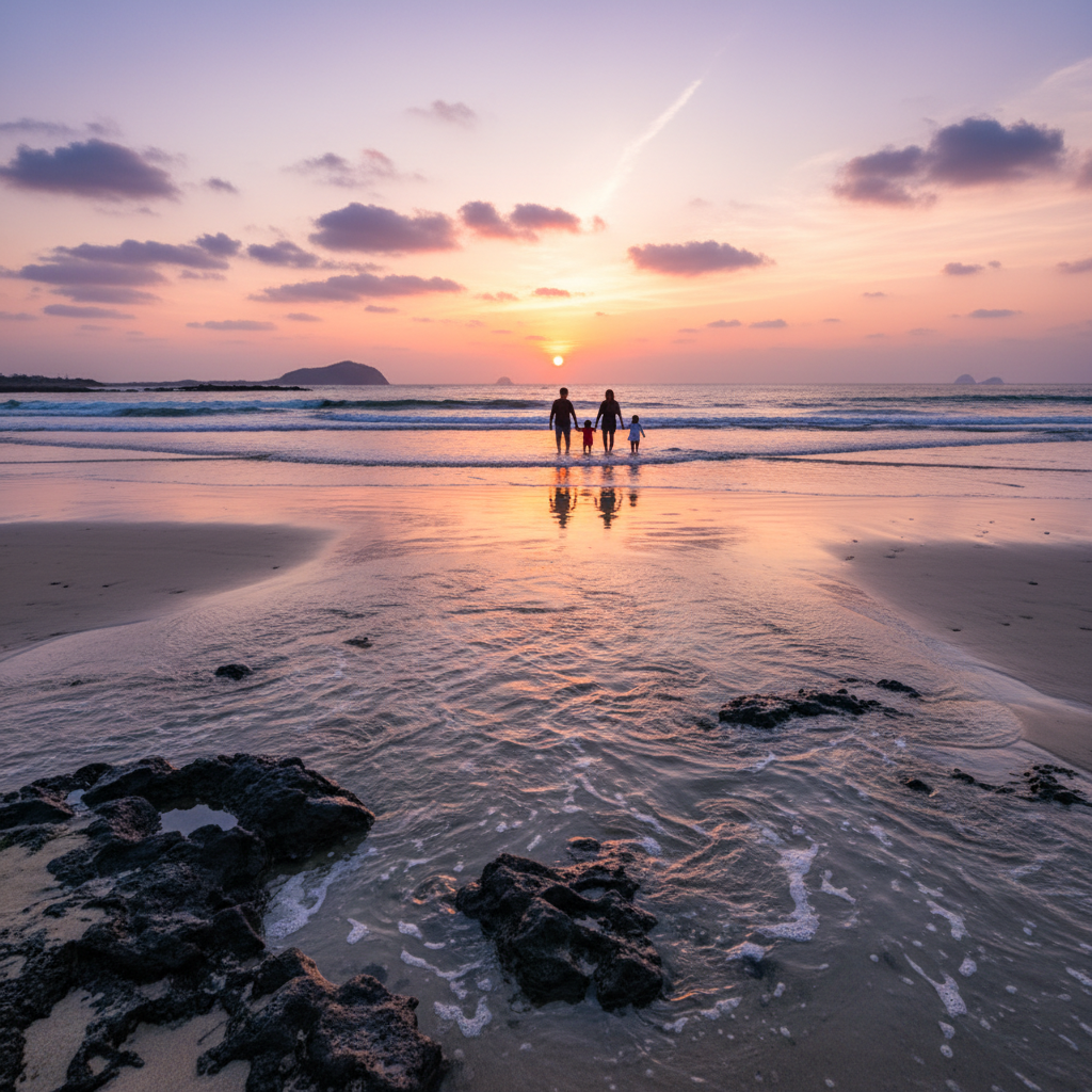 가족 실루엣이 제주 해변을 따라 걷는 모습, 새벽 노을 분위기, 평화로운 분위기