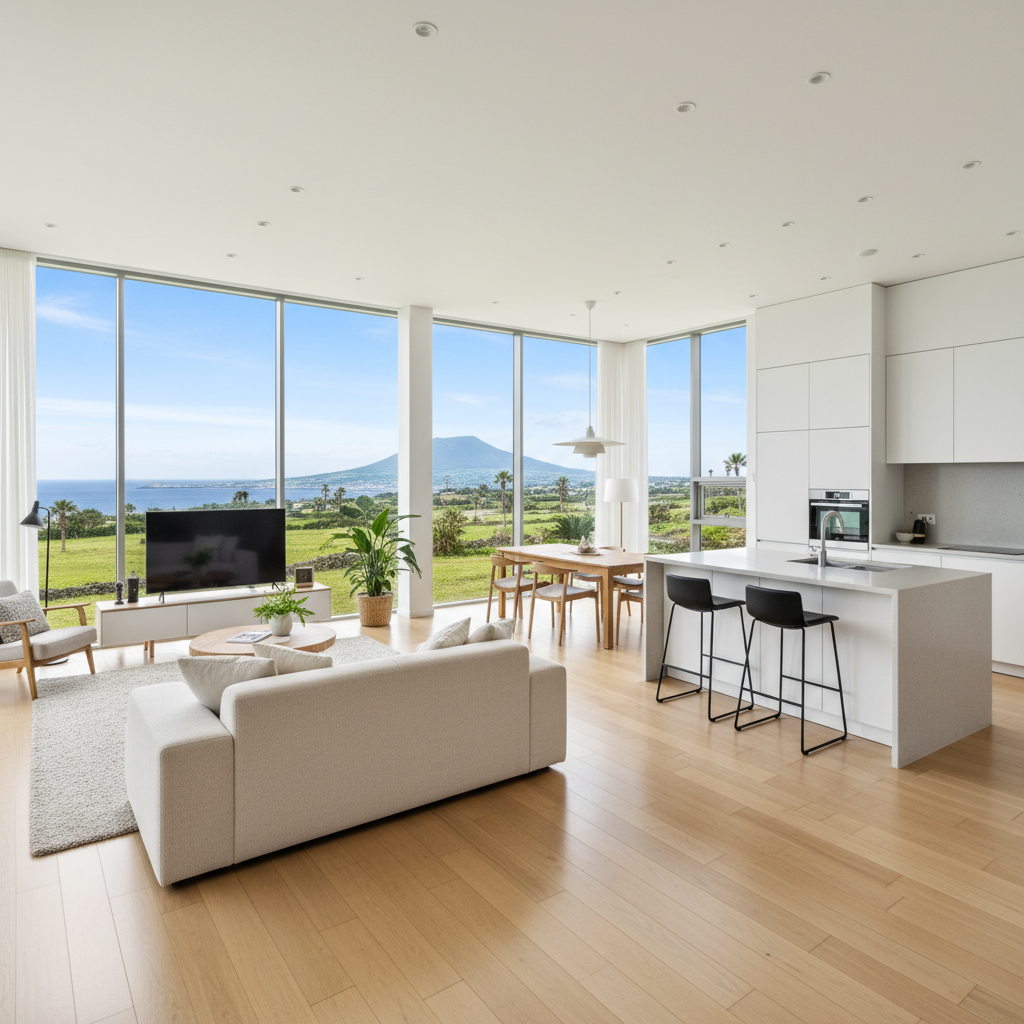 밝고 쾌적한 에어비앤비 가족실, 주방 겸 거실 구조, 제주 풍경을 바라보는 큰 창문