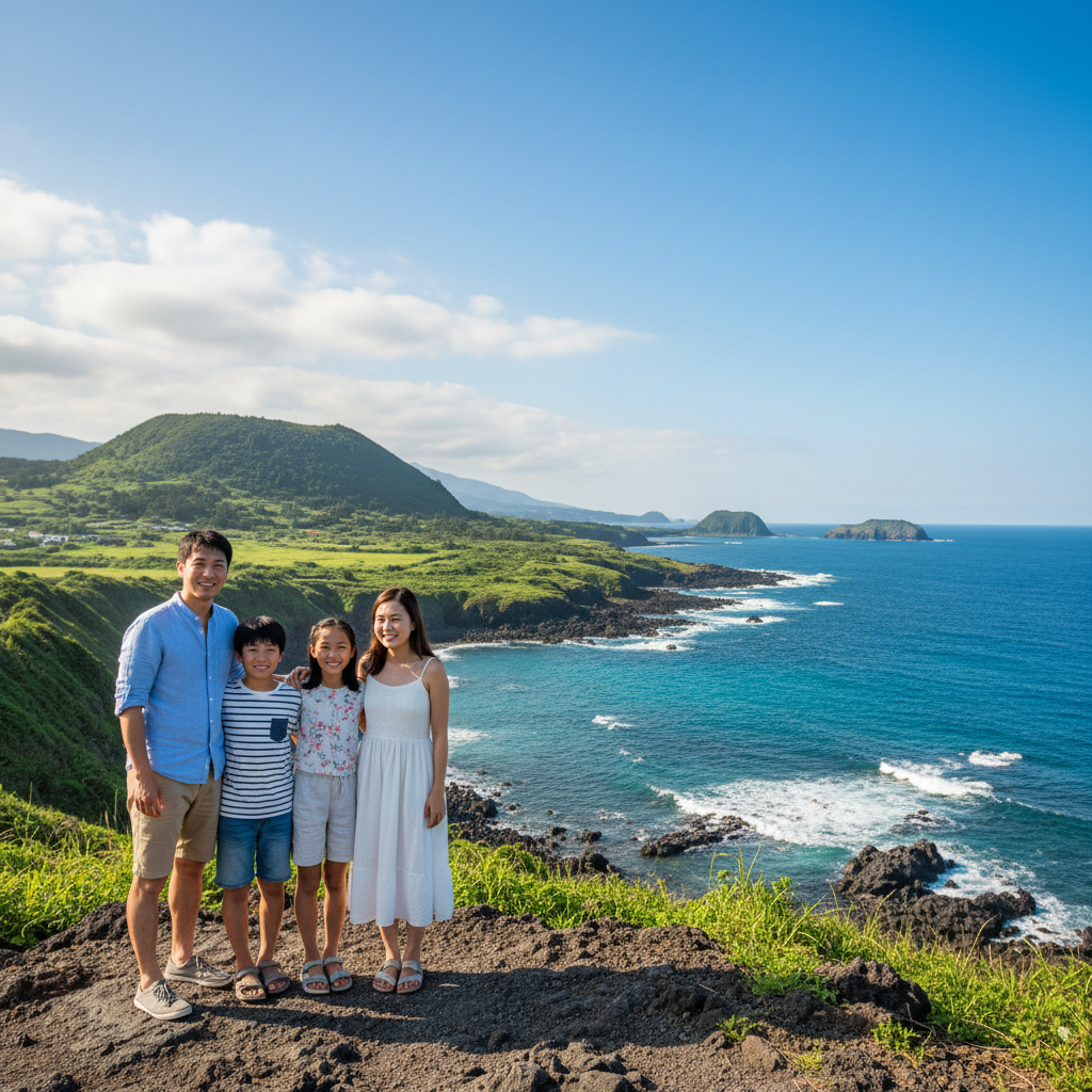 제주도 해안선을 바라보는 가족여행객들이 서 있는 모습, 푸른 하늘과 맑은 바다 배경