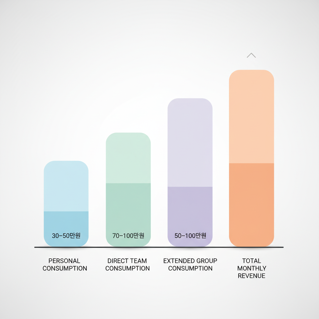 월 200만원 수익 구성: 개인 소비 30-50만원, 팀 소비 70-100만원, 확장 그룹 50-100만원
