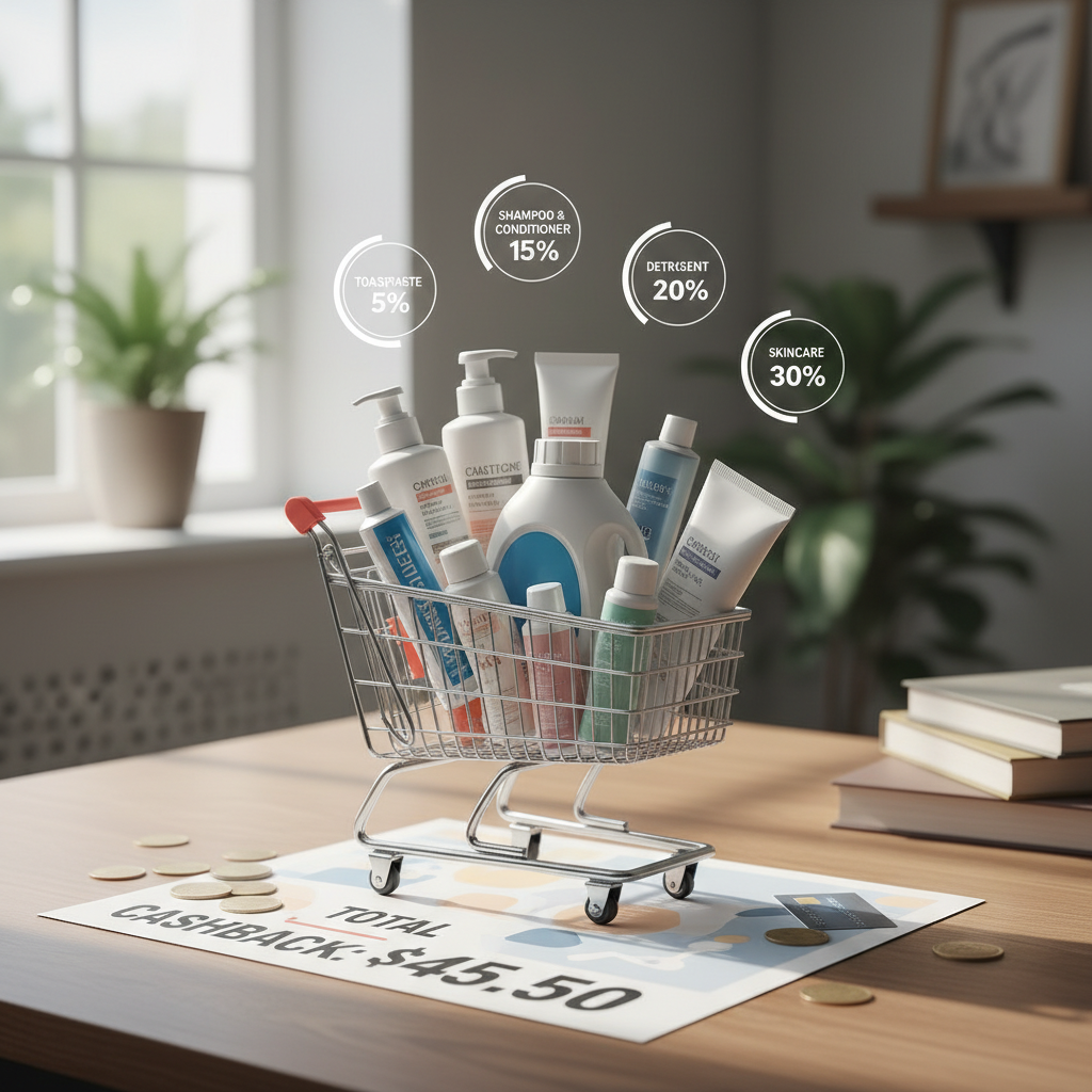 월별 생필품 소비 내역과 백분율 계산, 캐시백 금액이 표시된 쇼핑카트 인포그래픽