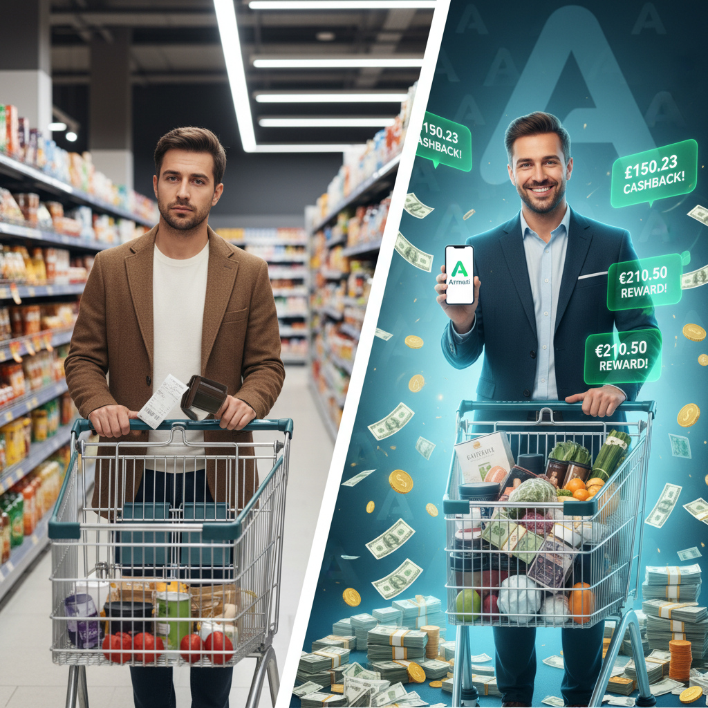 일반 마트 쇼핑과 애터미 앱 쇼핑의 캐시백 비교 - 왼쪽은 캐시백이 거의 없고 오른쪽은 현금과 디지털 송금 알림이 쌓여있는 모습