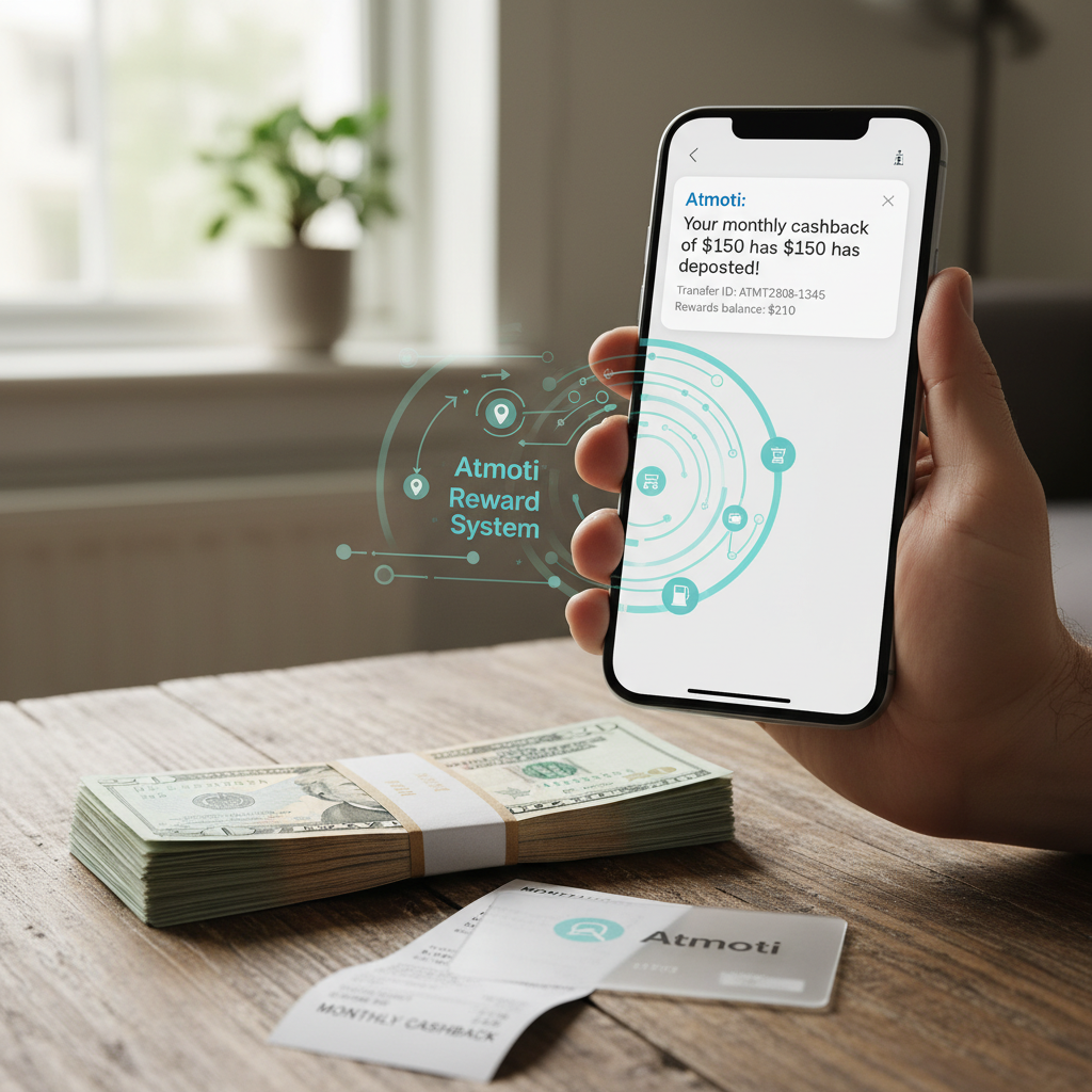 투명한 애터미 보상 시스템 - 스마트폰 화면에 송금 알림이 나타나고 현금 더미가 보이는 모습